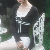Mojoyce Folds Patchwork Japanese Style Women Tee Shirt Elegant Aesthetic Long Sleeve Crop Top Kawaii Sweet Lace-up Clothing