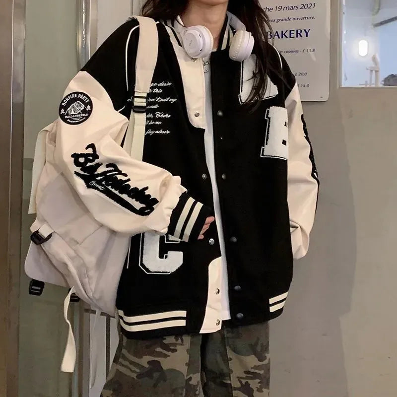Mojoyce Vintage Bomber Jackets Women Y2k Harajuku Spliced Oversize Chic Coats Baggy Korean Fashion College Baseball Jackets Streetwear