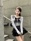 MOJOYCE-Long Sleeve Gray Hollow Out Y2K Tshirt Sailor Collar Women Slim Waist Black Bow Sexy Camisetas Chic Preppy Style Vintage Tees