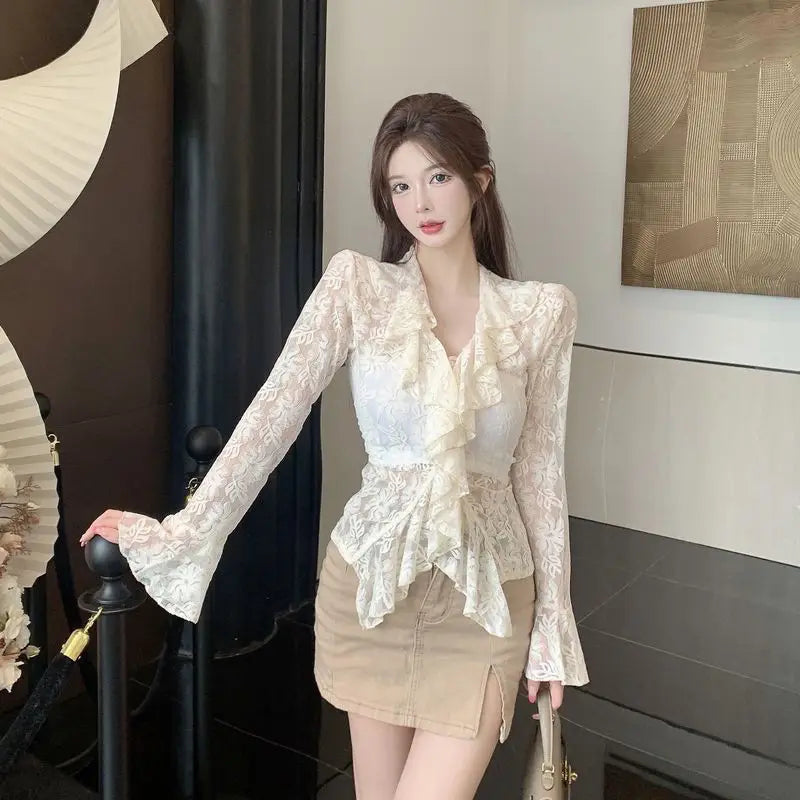 Mojoyce Spliced Lace Ruffles Pullovers Women Fashion Sexy Slim Solid Color Sweet Blouses Flare Sleeve V-neck Hollowed Out Shirts Female