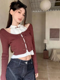 MOJOYCE-New Chinese Style Sweaters Elegant Tees Short Fake Two Piece Knitted Tops Tshirts Y2k Off Shoulder Women Patchwork Camisetas