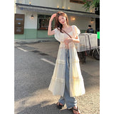 MOJOYCE Y2K Slash Neck Midi Dress Women Streetwear Ruffles Long Robe Korean Vacation Bandage One Pieces Dresses Summer Vestidos