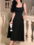 MOJOYCE-Vintage Elegant Dress for Women Sleeveless Square Collar Spaghetti Strap Fashion Party Evening French Dress 2024 New Summer