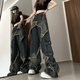 Mojoyce Vintage Tassel Design Jeans Women High Waist Fashion Autumn Straight Trousers Hip Hop Y2k Wide Leg Denim Pants Female Streetwear