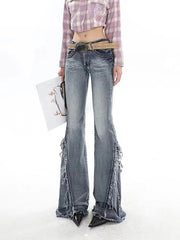 American Retro Y2K Flare Jeans Scratched Slim Bell Bottoms Women Fashion Gyaru Denim Pant  Raw Edge Trousers Hip Hop High Street