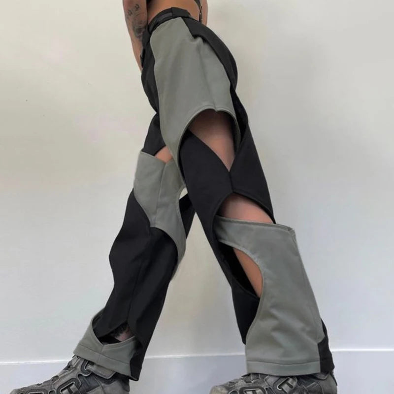 MOJOYCE-y2k Techwear Casual Pants Chic Contrast Hollow Out Baggy Women Cargo Pants Streetwear Low Rise Sweatpants Korean Fashion