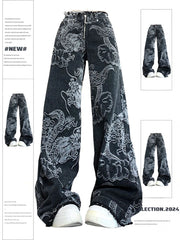 Mojoyce-Women Black Gothic Dragon Print Jeans Baggy Vintage Aesthetic Cowboy Pants Harajuku Denim Trousers Y2k Trashy 2000s Clothes 2024