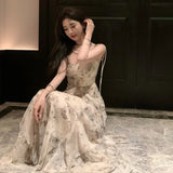 MOJOYCE-Vintage Shivering Print Dress for Women Sling Sleeveless Slim Flounce Chiffon Casual Korean Long Dresses Female Clothing Summer