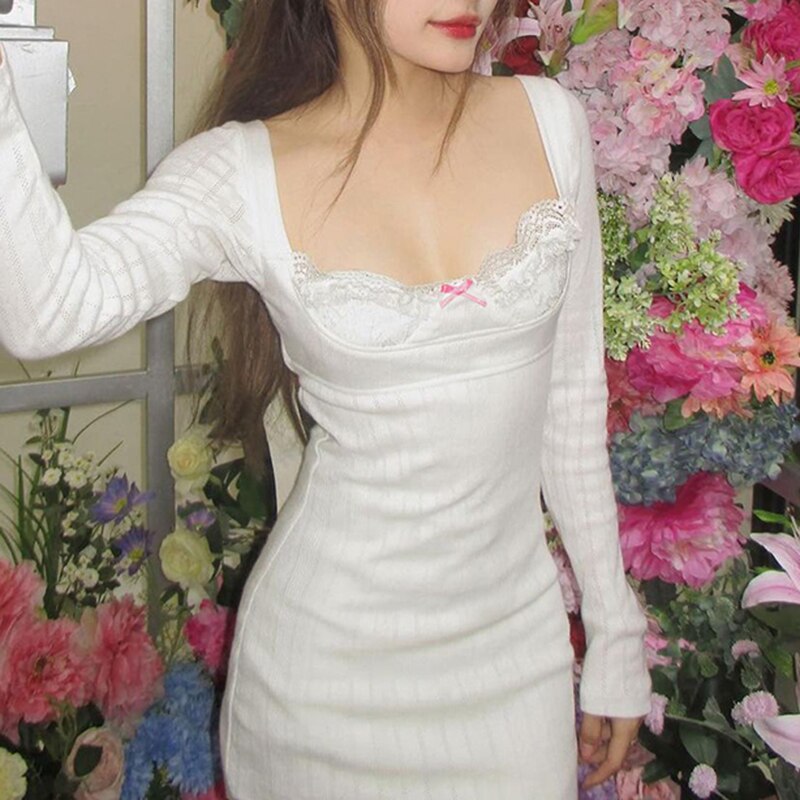 Mojoyce Sweet White Long Sleeve Dress Japanese Style Kawaii Y2K Lace Trim Square Collar Elegant Birthday Dresses Aesthetic
