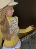 MOJOYCE-Sweet Sexy Kawaii Cat Print Camisetas Half High Collar Women Vintage Short Tshirts Y2k Slim Waist Crop Tops Skinny Yellow Tees