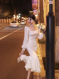 MOJOYCE-2024 New Vintage Long Sleeved Satin Midi Dresses Fishtail Square Neck White Slim Waist Elegant Party Birthday Dress for Women