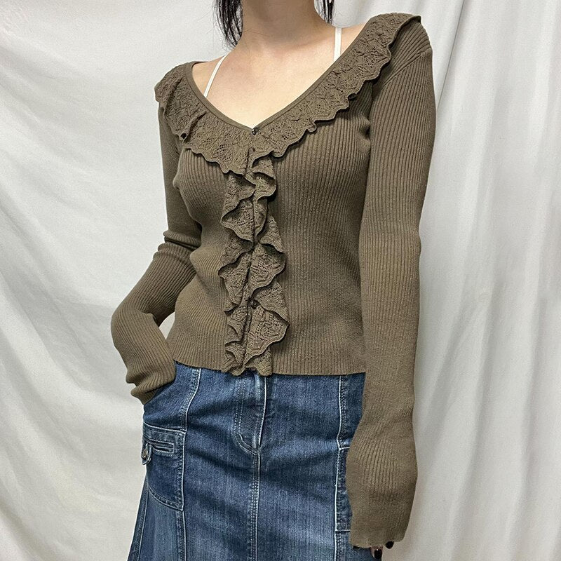 Mojoyce Vintage Ruffles Solid Tshirts Fashion Aesthetic Long Sleeves Button Tops Chic Korean V-Neck Slim Women Clothing
