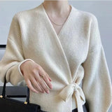 Mojoyce Knitted Lace Up Sweater Cardigan Women Casual Design Sense Long Sleeve Cardigans Korean Fashion Elegant Autumn Winter Sweaters