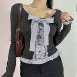 Mojoyce Korean Preppy Women Y2K Fitted Tops Gray Chic Patchwork Bow Lace-up T-shirt Cute Square Collar Tee Vintage Fall Outfits 2023