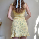 MOJOYCE Y2K Floral Print Spaghetti Strap Yellow Dress for Women Bow Detail Sleeveless Cute Prairie Chic Short Dresses Summer