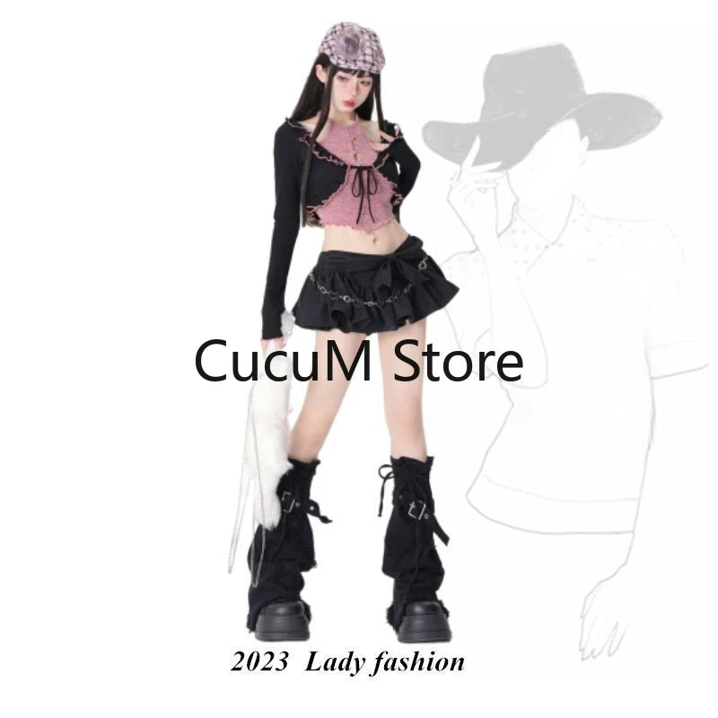 Autumn Aesthetic Y2k Cropped Top Fake Two Pieces Blouse + Balck Slim Mini Skirt Japanese Fashion Clothing Suit Woman 2023 Chic