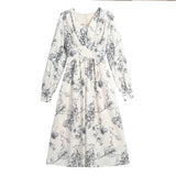 MOJOYCE-New Vintage Floral Dress for Women with Long Sleeves Office Lady V-neck Elegant Chic Ladies Slim Print Dresses Autumn Fashion