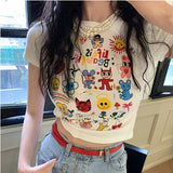 MOJOYCE-Korean Tshirts Short Sleeve Slim High Waist Kawaii Women Y2k Crop Tops Sexy Camisetas Cartoon Print Sweet Summer O-Neck Tees