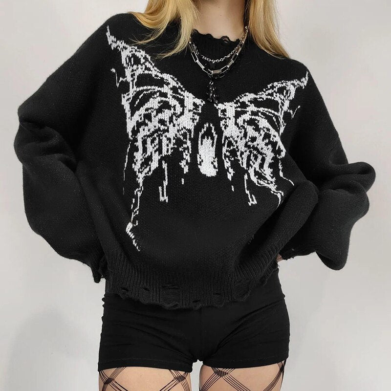 Mojoyce Butterfly Print Sweater Gothic Style Ripped Long Sleeve Vintage Black Knitted Pullovers Winter O Neck Loose Fit Tops