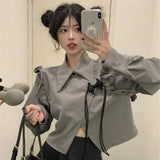 MOJOYCE-New Chinese Style Ruffles Turn Down Collar Irrgular Gray Jackets Long Sleeve Sweet Women Outerwear Y2k Short Coats Crop Tops