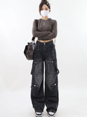 Mojoyce-Women Vintage Black Gothic Cargo Jeans Y2k Wide Leg Denim Pants Oversize 2000s High Waist Jeans Korean Baggy Trousers 90s Jeans