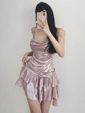 Mojoyce-Summer Pink Strap Kawaii Dress Women Backless Elegant Vintage Party Mini Dress Female Bow Belted Sashes Designer Dress 2024