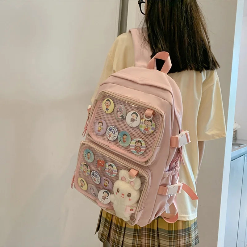 Mojoyce-White Ita Bag Backpack Large School Bags Cute Clear Pockets for Pins Display Anime Transparent Women College Students back pack