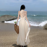 MOJOYCE-Casual White Midi Bodycon Dress for Women Slim Sleeveless V-neck Halter Holiday Beach Party Evening Dresses New Summer 2023