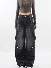 Mojoyce-Women Vintage Black Gothic Cargo Jeans Y2k Wide Leg Denim Pants Oversize 2000s High Waist Jeans Korean Baggy Trousers 90s Jeans