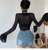 MOJOYCE-Elegant Black Ruffles Women V Neck Long Sleeve Camisetas Sheer Mesh Tshirts Y2k Punk Style Crop Tops Tees Sexy Slim Tassel