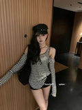 MOJOYCE-Black White Striped Slash Neck Tops Slim Waist Tshirts Korean Women Off Shoulder Sexy Long Sleeve Camisetas Y2k Tees