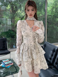 MOJOYCE-New Floral Women Slim Midi Dresses 2023 New Autumn Streetwear Long Sleeved V-neck Vintgae Elegant Ladies Waist Dress Korean