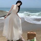 MOJOYCE-Casual White Midi Bodycon Dress for Women Slim Sleeveless V-neck Halter Holiday Beach Party Evening Dresses New Summer 2023