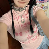 MOJOYCE-Butterfly Print Half High Collar Tshirts Streetwear Short Sleeve Aesthetic Y2k Camisetas Women Slim Waist Japanese Skinny Tees