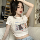 MOJOYCE-Coachella Valley Music Festival Outfits,Graduation Gift,Women Short Sleeve Crop Tops Cat Print Crew Neck Slim Fit T-Shirts Summer Casual Exposed Navel Shirts Streetwear