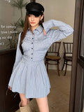 MOJOYCE-Elegant Vintage Blue Striped Women Mini Dresses Autumn Fashion 2023 New Pleated Long Sleeve Holiday Party Shirt Dress Korean
