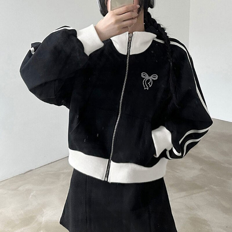 Mojoyce Korean Women Basic Sweatshirt Side Striped Long Sleeve Zipper Coat Loose Fit Casual Cropped Jackets Bows Rhinestones