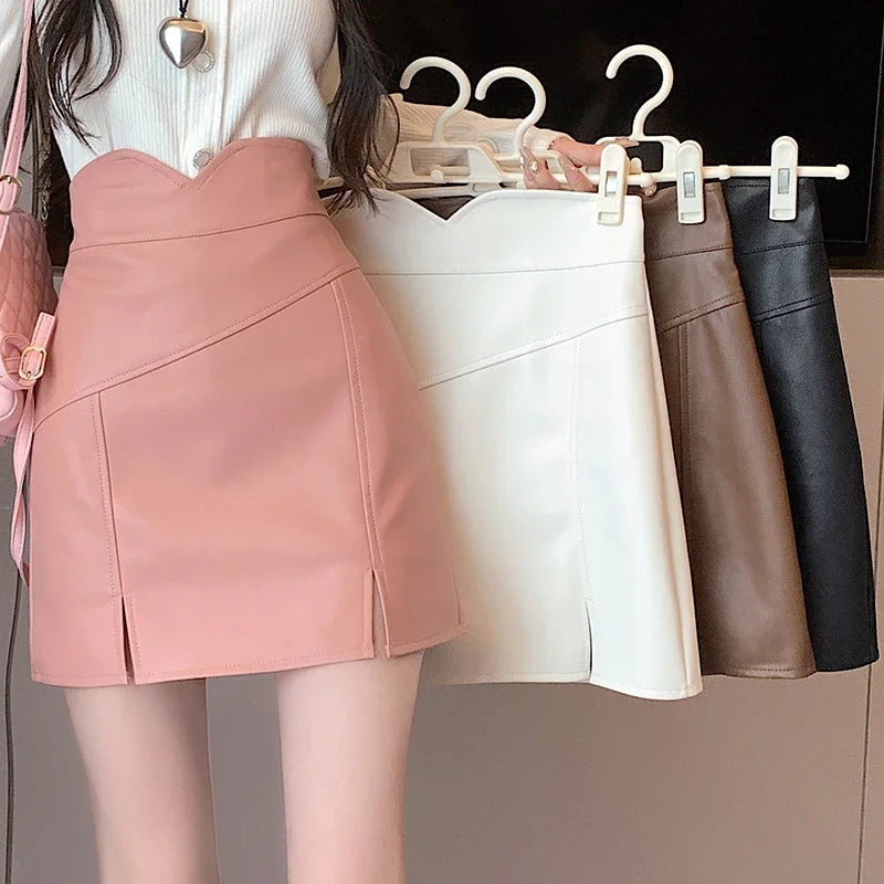 Mojoyce 2023 Autumn Winter PU Leather Skirts Women High Waist Sexy A-line Mini Skirts Korean Fashion Split Office Lady Short Skirt Mujer