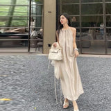 MOJOYCE-2024 New Spring Summer Solid Sleeveless Dresses for Women Chiffon A-line Halter Loose Causal Party Holiday Long Lady Dress