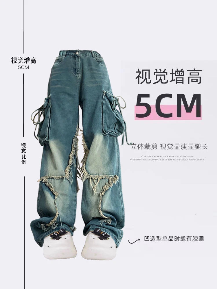 Mojoyce-Women Blue Cargo Jeans Baggy Vintage 90s Aesthetic High Waist Cowboy Pants Harajuku Denim Trousers Y2k Trashy 2000s Clothes 2024