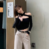 MOJOYCE-Sexy Off Shoulder Cross Halter Tees Crop Tops Short Women Slim Skinny Elegant Black Tshirts Y2k High Waist Korean Camisetas