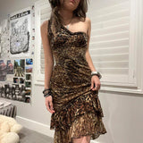 MOJOYCE Leopard Print Women Sleeveless Dress Y2K Vintage Ruffles Summer Long Dresses Sexy Ladies Outfits 2000s Party Wear