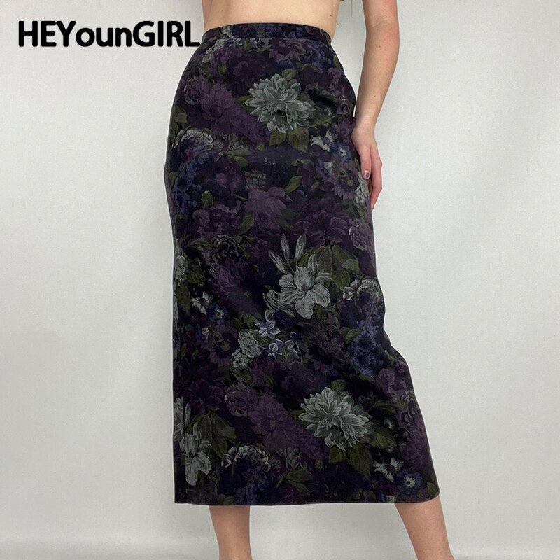 Mojoyce Vintage Floral Print Back Split Long Skirt Women's Dark Purple Elegant Aesthetic Mid Skirts 2000s High Street Clothes