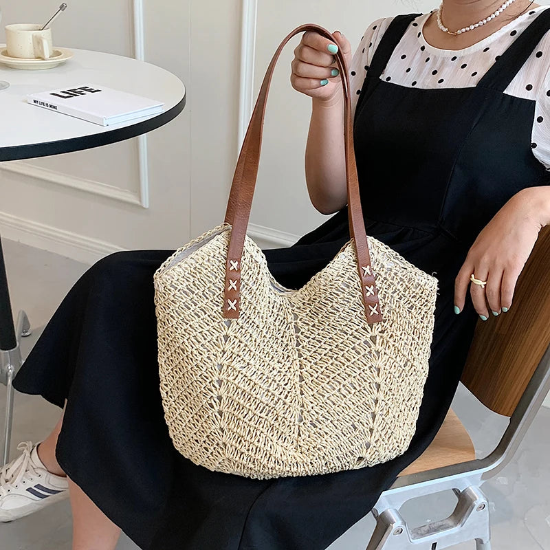 MOJOYCE-Summer Bags Summer Beach Bag For Women Woven Straw Shoulder Tote Crochet Large Shopping Travel Fashion Simple Bucket Ladies Party Handbags