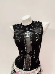 Mojoyce-y2k clothes y2k crop top gothic clothes y2k fashion bustier top vintage tops  Cross Tank Tops  Gothic Tank Tops Punk Tank Tops