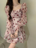 Mojoyce-Autumn Vintage Sweet Dress Women Chiffon Floral Bodycon Mini Dress Female korean Party Beach Long Sleeve Casual Dresses 2024