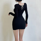 Mojoyce Women Black Short Dress Splicing Pleats Halter Neck Long Sleeve Evening Bodycon Split Mini Dresses Lady Clubwear