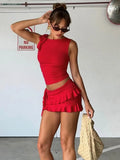 MOJOYCE Slim Fit Fungus Mini Skirt Suit Women's Sexy Sleeveless Crop Top Splice Skirt Solid Lace Up Beach Vacation Sets Hot Girl