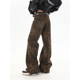 Mojoyce Women's Brown Jeans Leopard Print Retro Straight Tube Baggy Pants Fashion Street Fashion Y2K Jeans New Winter Leggings