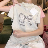 MOJOYCE-Gray Embroidery Bow Patchwork Lace Short Sleeve Y2k Print Women Camisetas Summer O Neck Tshirts Slim Korean Sweet Tees